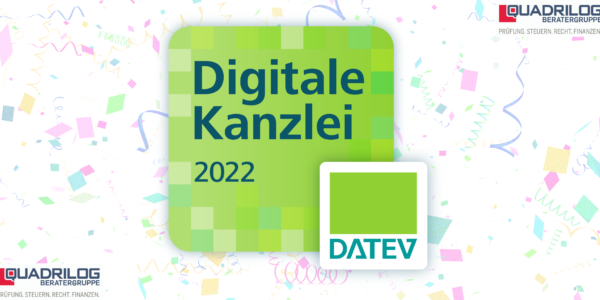 Quadratische grüne Auszeichnung zur Digitalen Kanzlei 2022 mit DATEV Logo